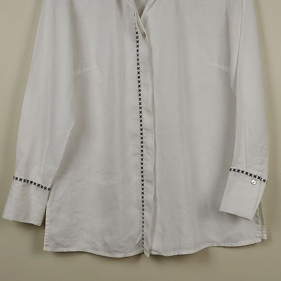 Richard Malcolm Irish Linen Long Sleeve Button Front Blouse Top Black Embroidery - Picture 11 of 14